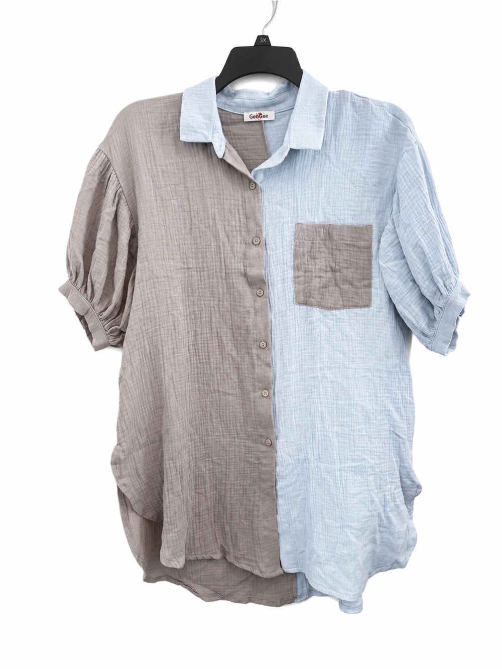 GeeGee Blue and Gray Color Block Puff Sleeve Button Shirt Dress Tunic Large